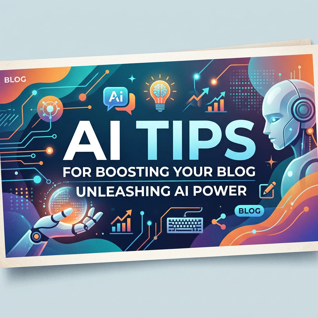 Text 'AI Tips for Boosting Your Blog Unleashing AI Power' with futuristic robot and AI-themed icons