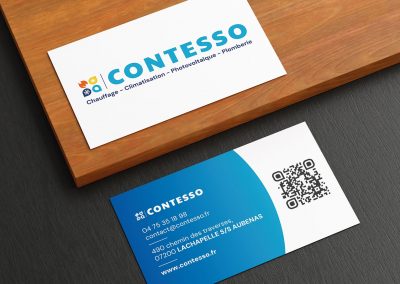 Cartes de visite recto-verso imprimées pour Contesso, entreprise de chauffage, climatisation, photovoltaïque et plomberie à Lachapelle-sous-Aubenas