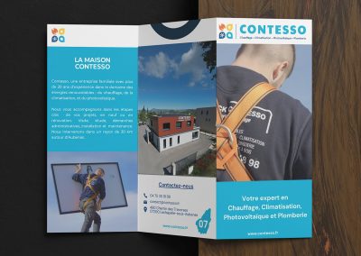 Flyer trifold réalisé par Ardesca Print pour Contesso, expert en chauffage, climatisation, photovoltaïque et plomberie en Ardèche