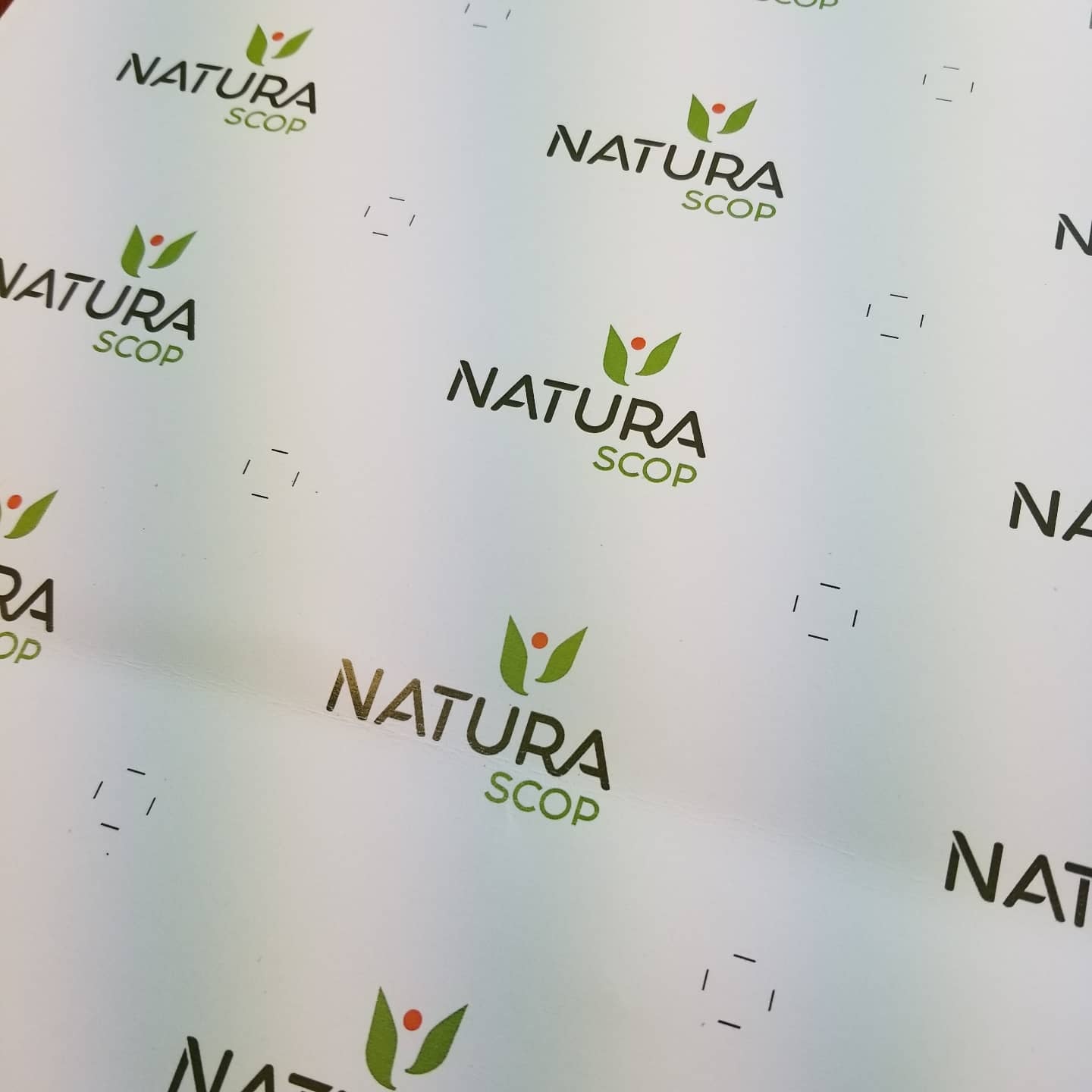 Planche imprimée de logos Natura Scop en sortie de presse, traits de coupe encore visibles