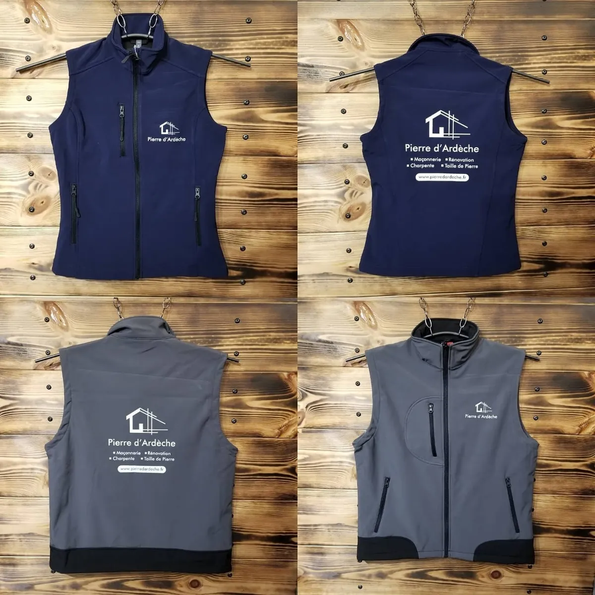 Quatre gilets softshell bleu marine et gris brodés du logo Pierre d'Ardèche, vus de face et de dos