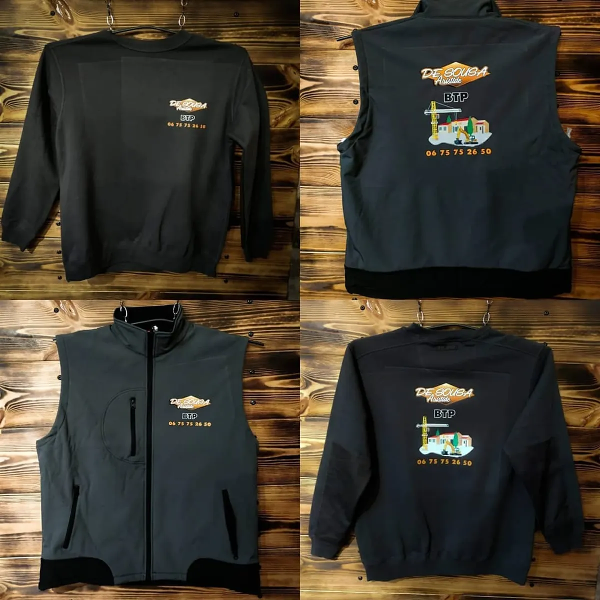 Sweat-shirt, gilet sans manches et blouson gris anthracite brodés du logo De Sousa Aristide BTP en orange, blanc et jaune, vus de face et de dos