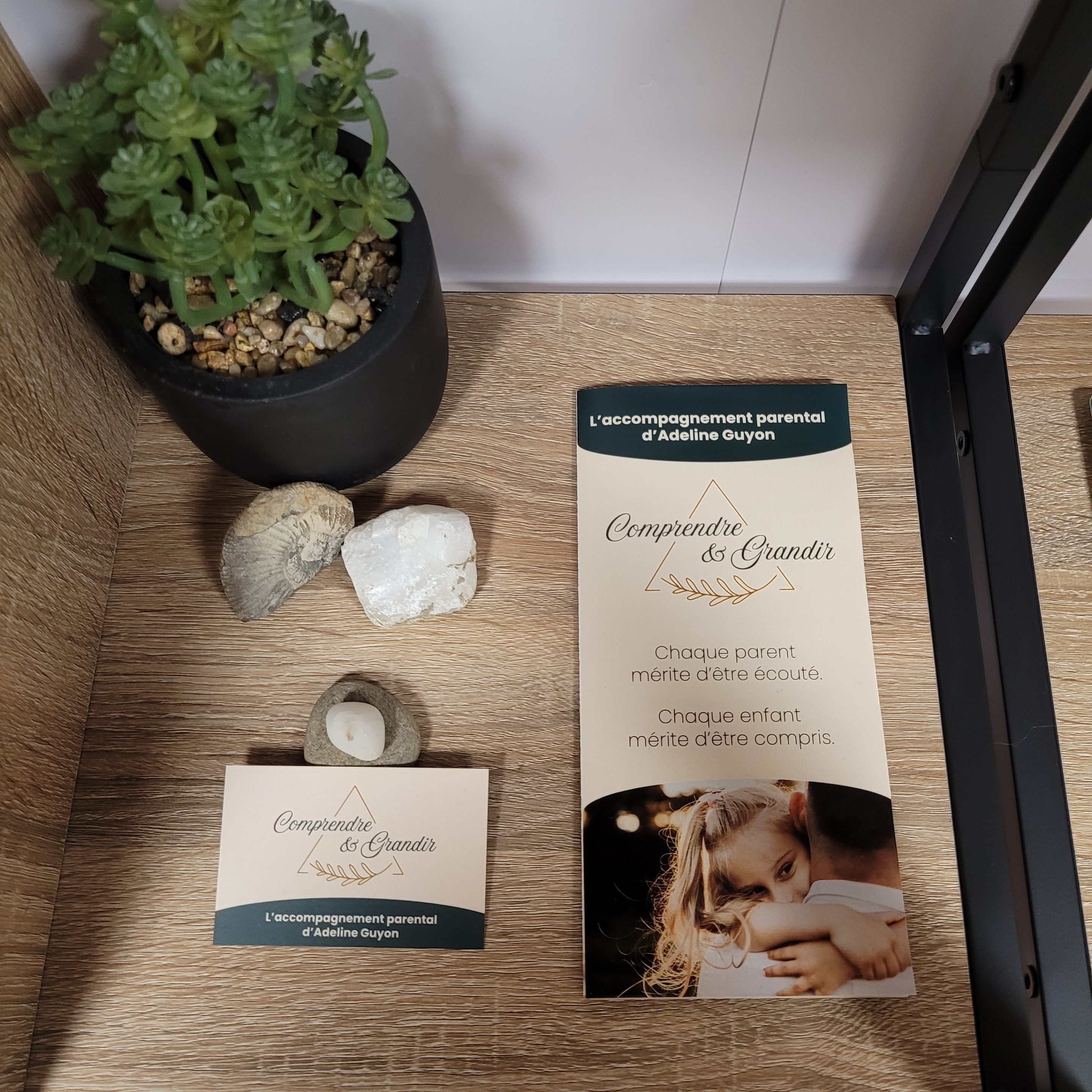 Dépliant et carte de visite Comprendre & Grandir, accompagnement parental d'Adeline Guyon, posés sur une étagère avec une plante et des minéraux