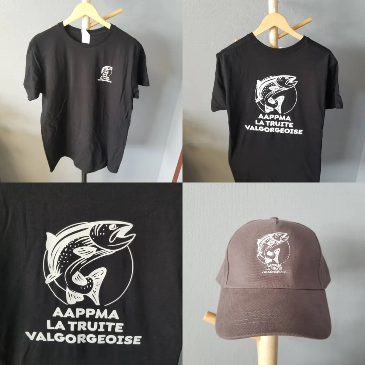 Tee-shirts noirs imprimés du logo AAPPMA La Truite Valgorgeoise et casquette assortie