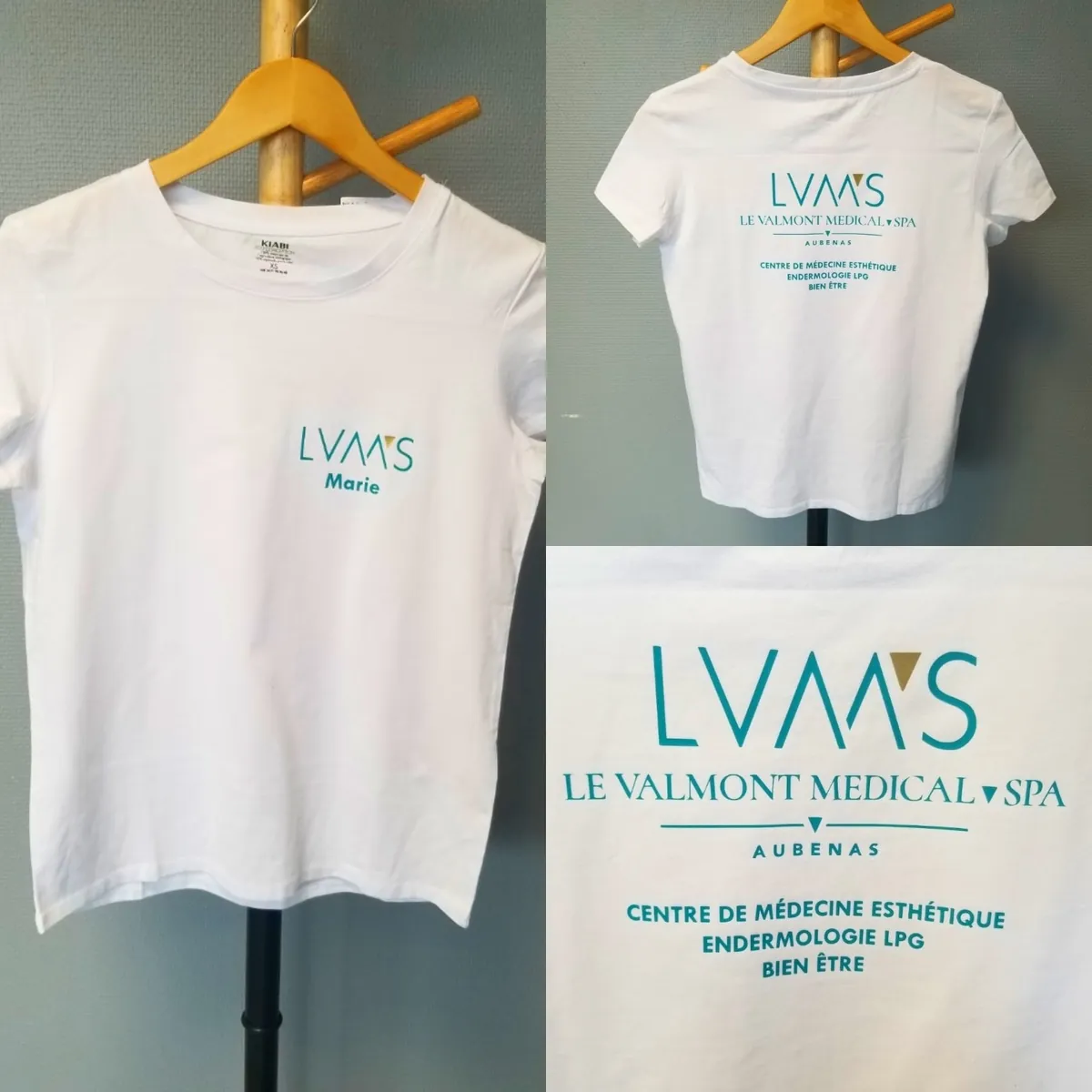 Tee-shirts blancs imprimés du logo LVM'S Le Valmont Medical Spa, vus de face, de dos et en gros plan