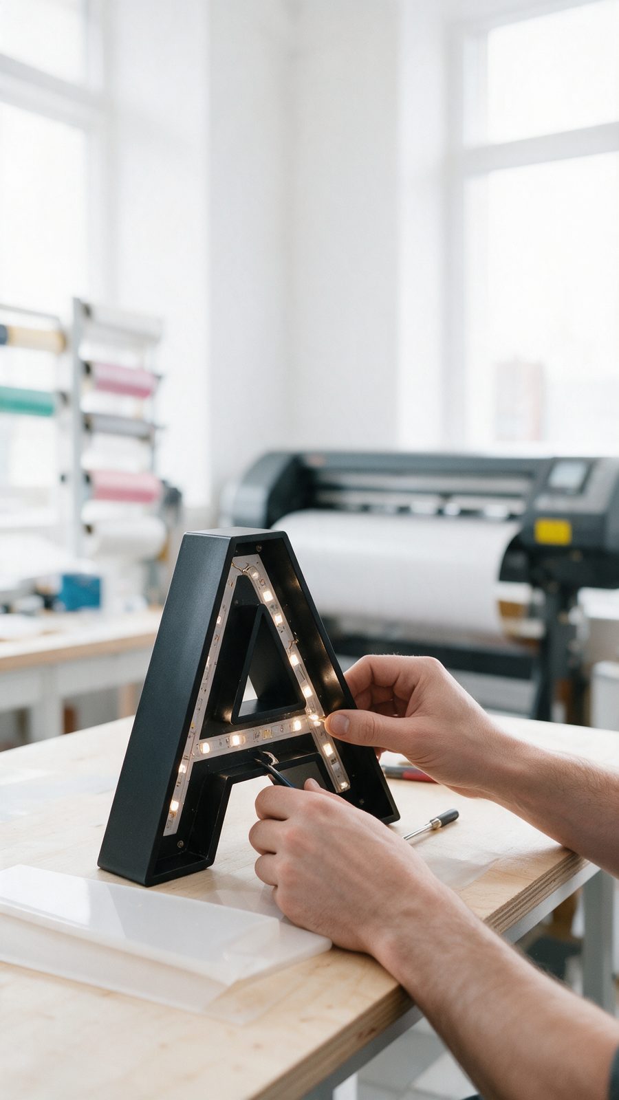 Montage d’une lettre boîtier à LED sur un établi