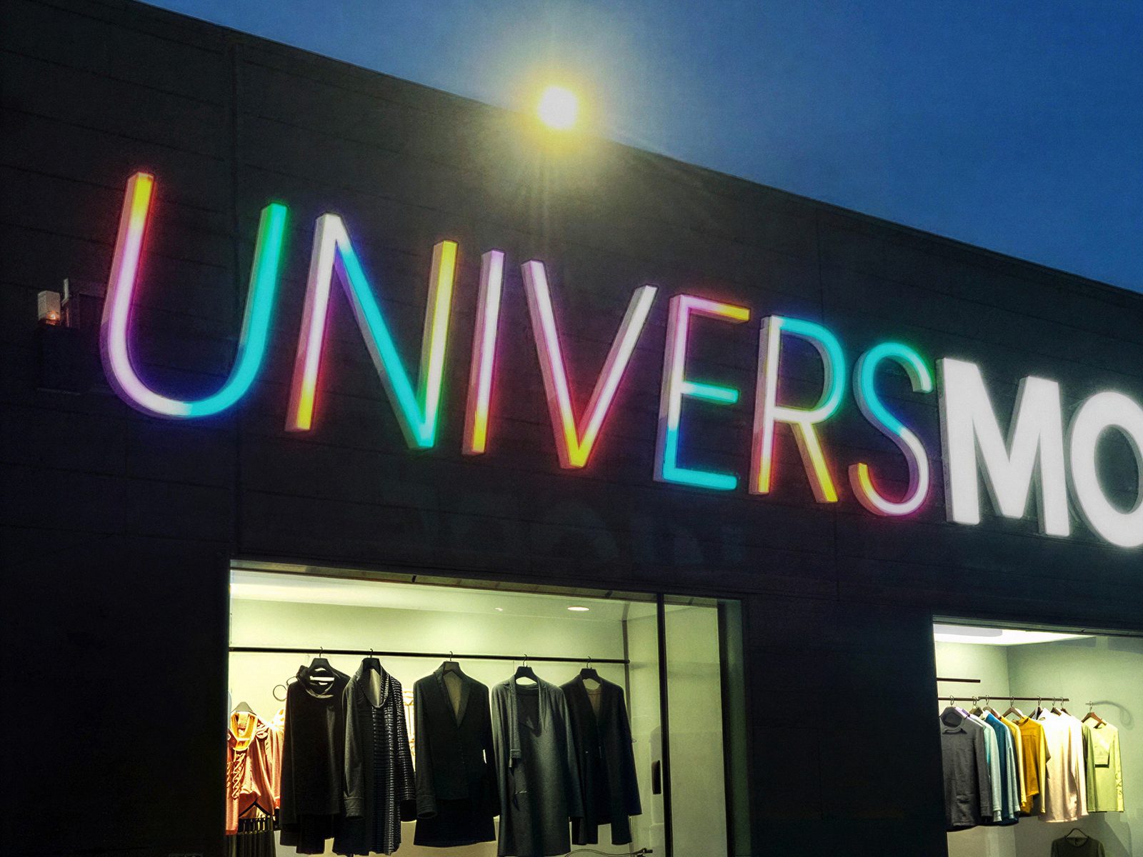 Enseigne Univers Mode de nuit, lettres lumineuses multicolores
